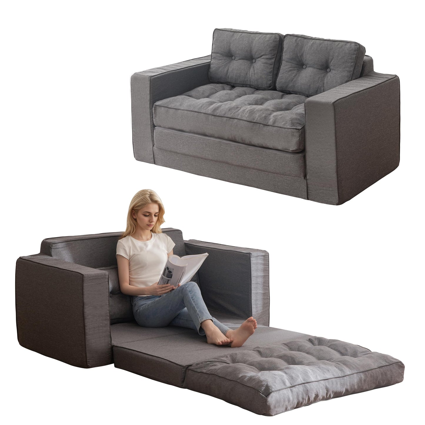 YOSHOOT Loveseat Sleeper Sofa,55" Convertible Sofa Bed Couch Futon Couches for Living Room,3-in-1 Pull Out Floor Couch with Reclining Backrest and Pillows