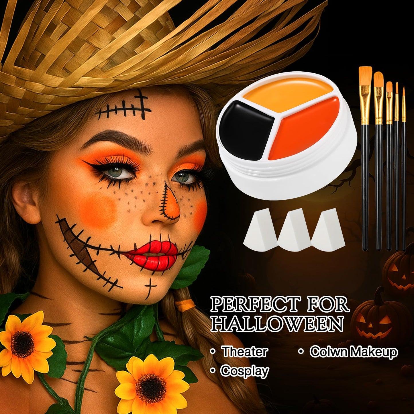 Black Orange Yellow Face Body Paint, Halloween Scarecrow Makeup Kit (3 Sponges + 5 Brushes), 9 Pcs Oil Based Non Toxic Face Pain
