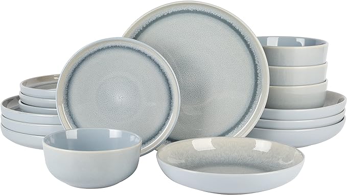 Gibson Elite Juno Moon 16-Piece Reactive Blue Double Bowl Dinnerware Set – Durable Stoneware Plates and Bowls