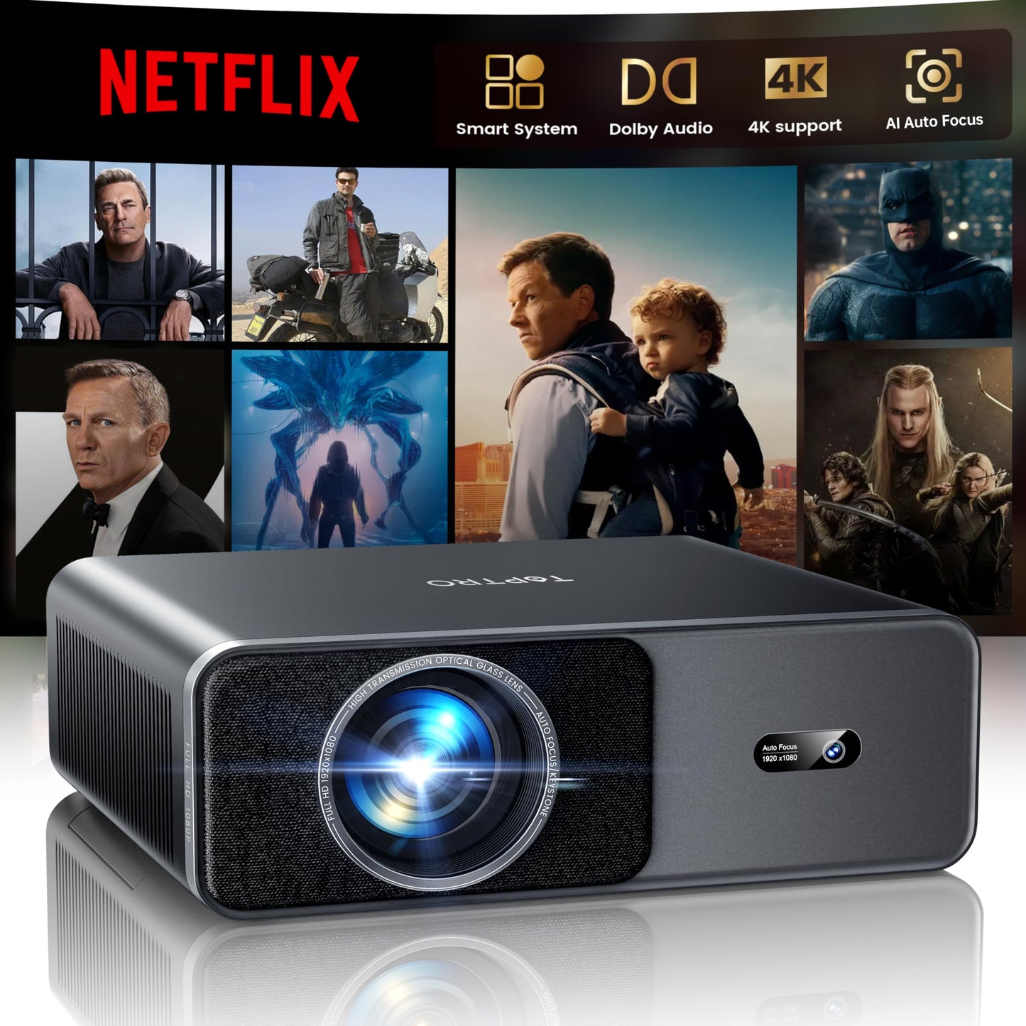 Smart Projector【Compatible with Netflix】4K Projector with WiFi 6 and 2-Way Bluetooth, AI Auto Focus & Keystone, 20W Dolby Audio,Built-in Apps,TOPTRO A1 Portable Proyector for Outdoor / Home Movie