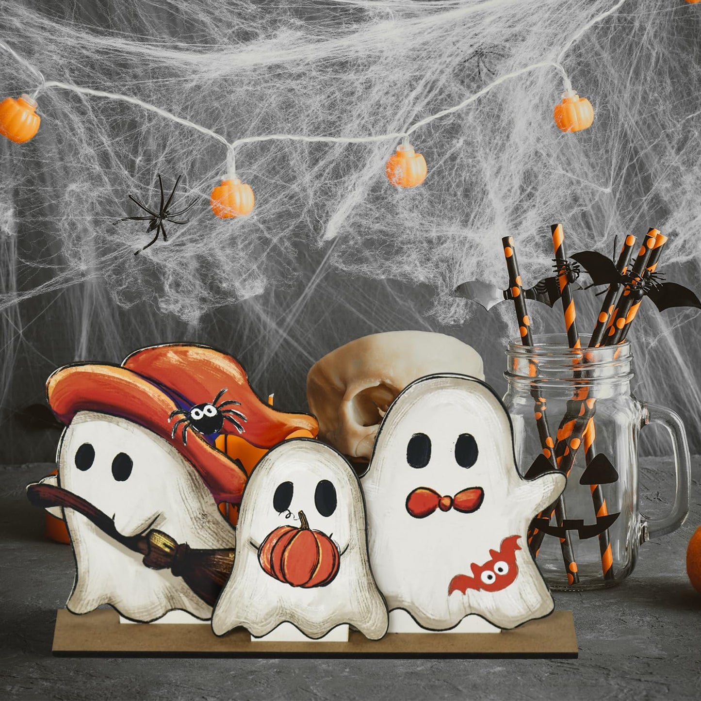 Smile Happy Halloween Wooden Table Decoration, Cute Ghost Spooky Standing Centerpieces, Indoor Decor for Desk Shelf and Party