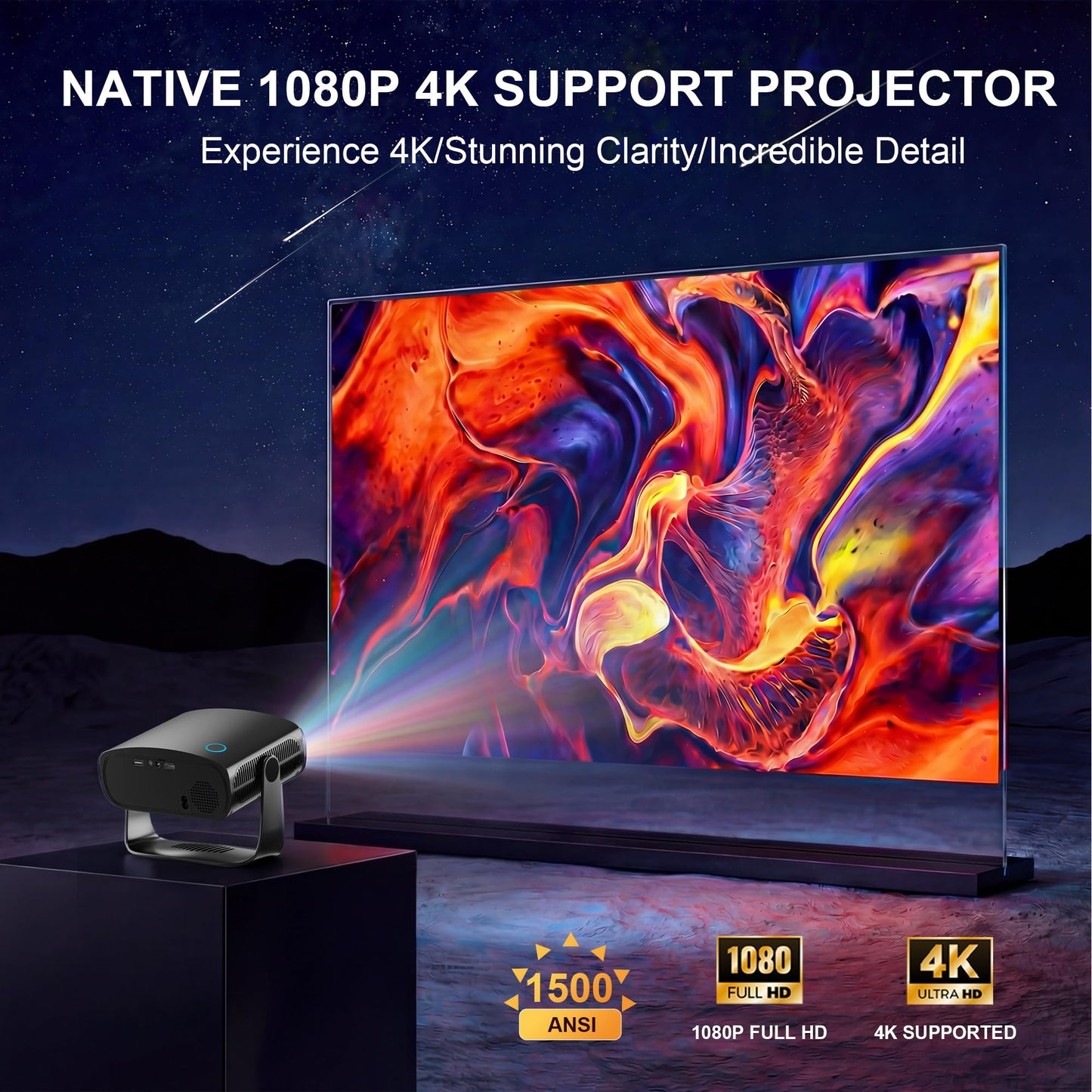【Compatible with Netflix & Native 1080P】Smart Projector with WiFi and Bluetooth, 4K Support Home Movie Projector, Auto Focus & Keystone Portable Outdoor Projector, Wireless Proyector for Bedroom,Black