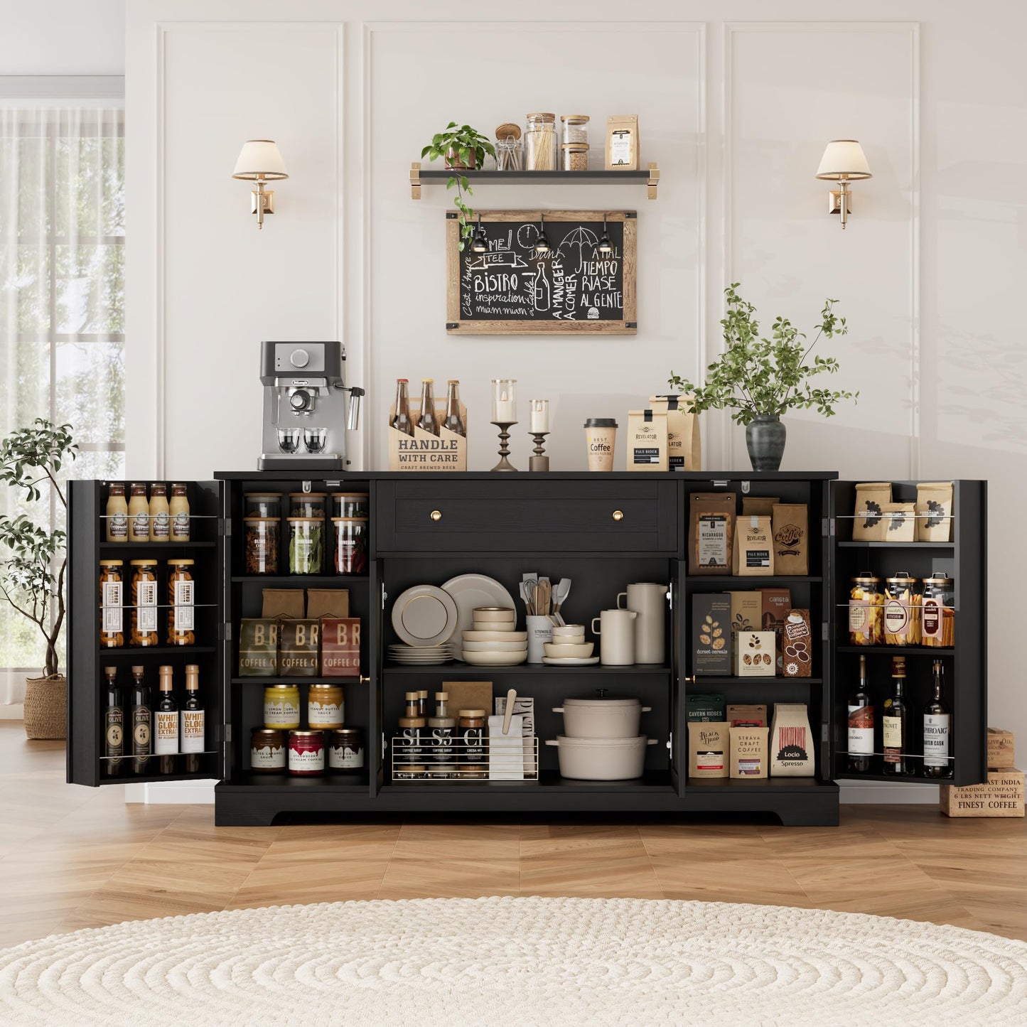 HITHOS 54" Buffet Cabinet with Storage, Modern Kitchen Buffet Sideboard with Drawer, Wood Coffee Bar with Adjustable Shelves, Kitchen Storage Cabinet for Living Room, Black