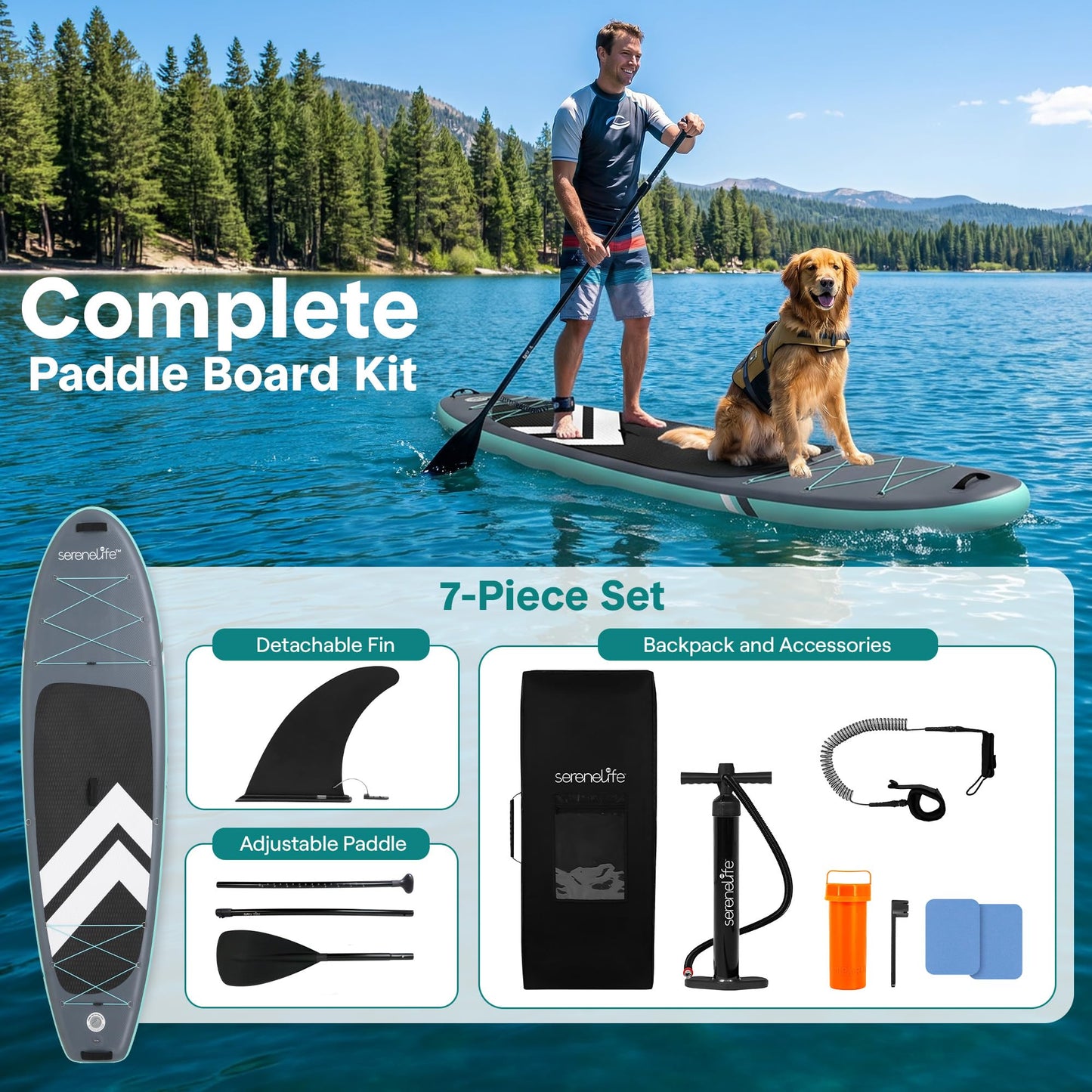 SereneLife 10’ Inflatable Stand Up Paddle Board with Premium SUP Accessories - 33” Wide Stable Design with Non-Slip EVA Deck Pad for Youth and Adults, 350 lbs. Capacity