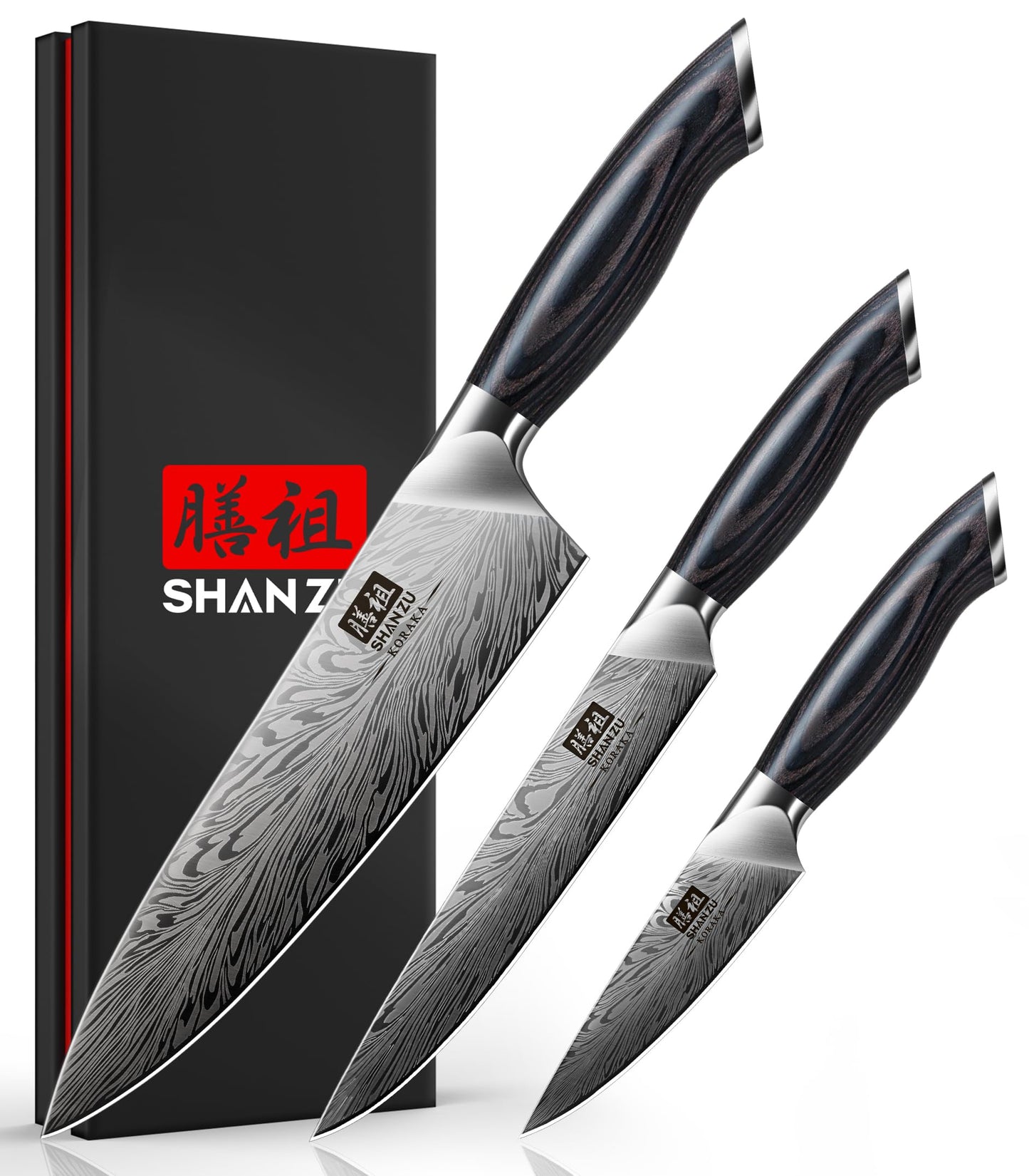 SHAN ZU 3PCS Kitchen Knife Set,Chef Knife Sets in Powder Steel, Ultra Sharp Japanese Knives Set High Carbon Steel Knives Sets, Cooking Knives Set with Ergonomic Pakkawood Handle