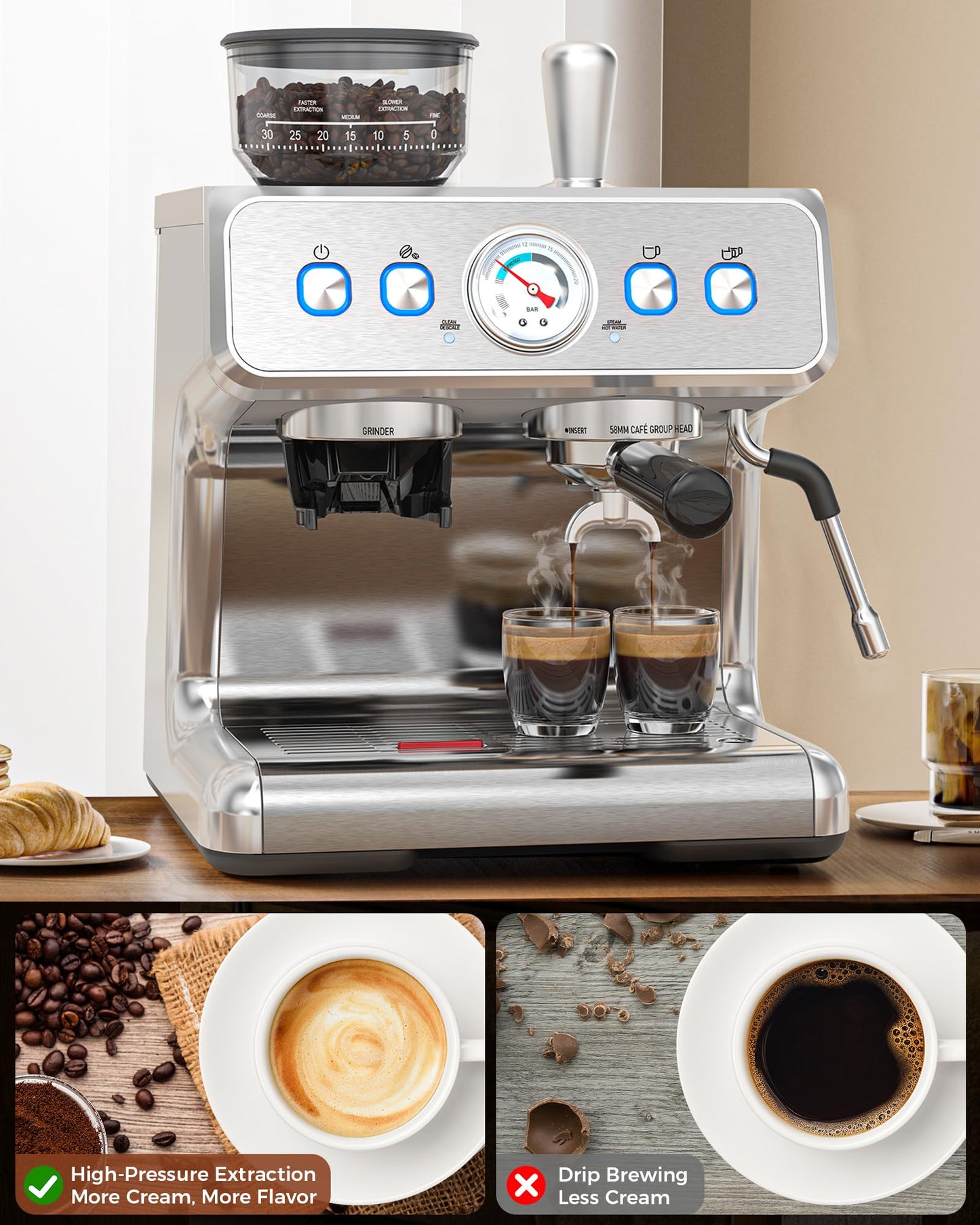 COWSAR 20 Bar Espresso Machine with Grinder & Milk Frother Steam Wand, 58mm Expresso Coffee machines, Commercial Stainless Steel Coffee Maker for Cappuccino and Latte, Perfect for Home Café-Pro