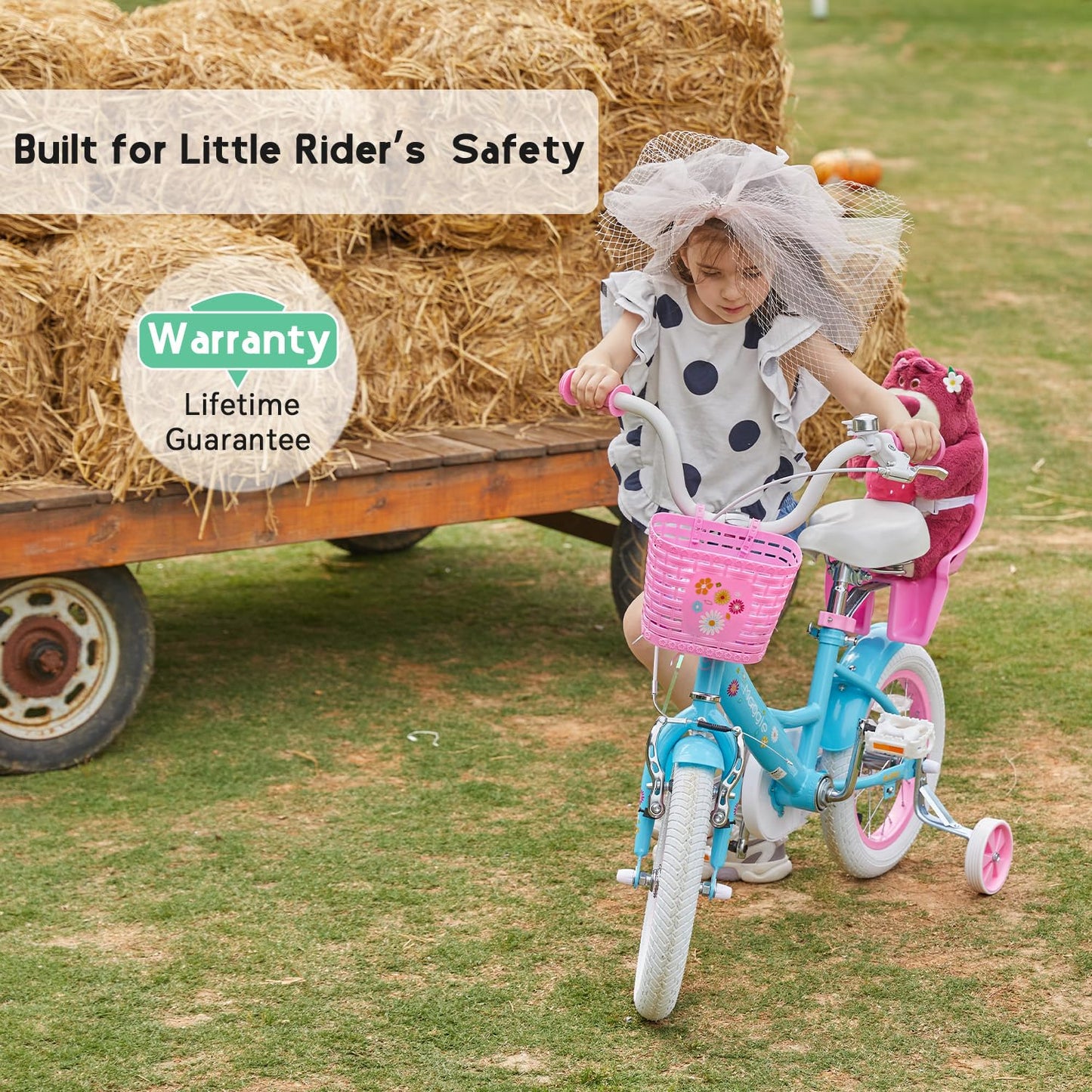 Glerc Maggie Girls Bike, 12 Inch Kids Bike for 2-4 Years Old Children, Princess Style Toddler Bike with Doll-Seat & Basket & Training Wheels, Blue