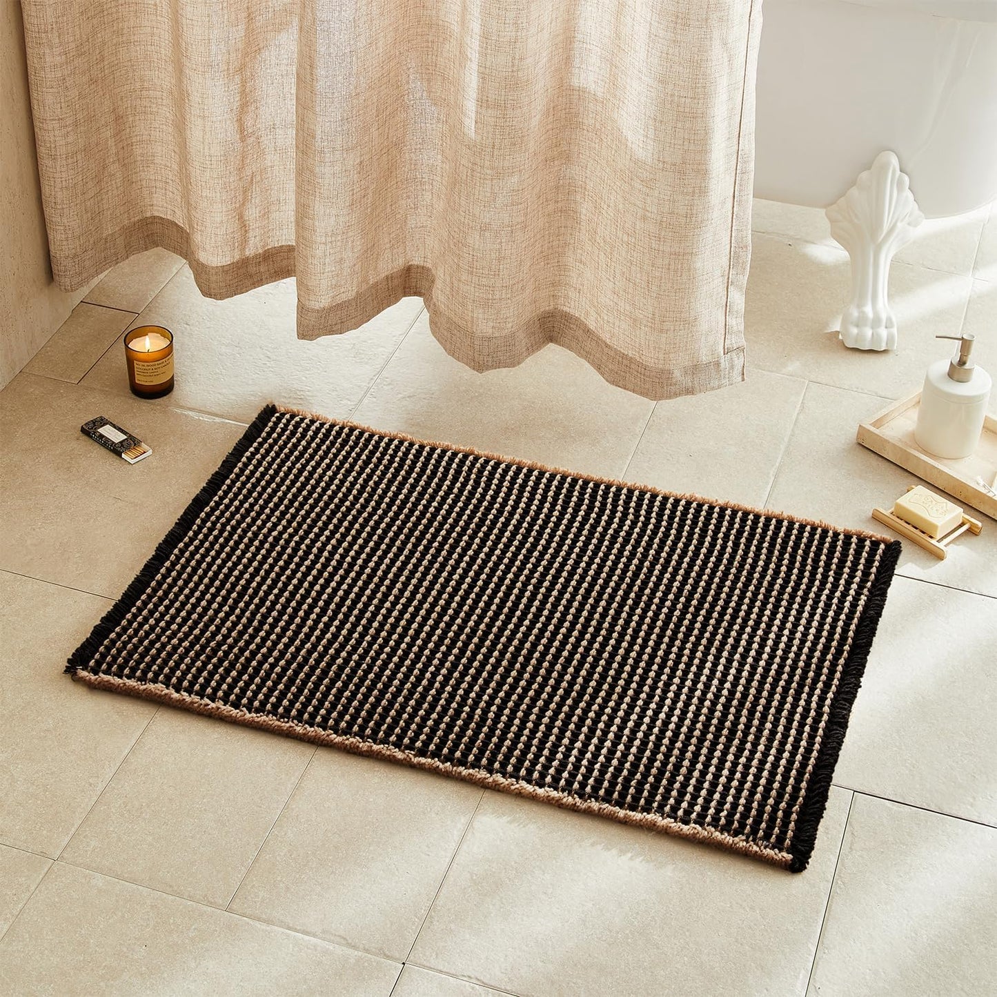 Waffle Bath Mat, Boho Bathroom Rugs Non Slip Washable Super Absorbent Quick Dry Bath Mat Farmhouse Bathroom Decor, 36"x24" Khaki and Black