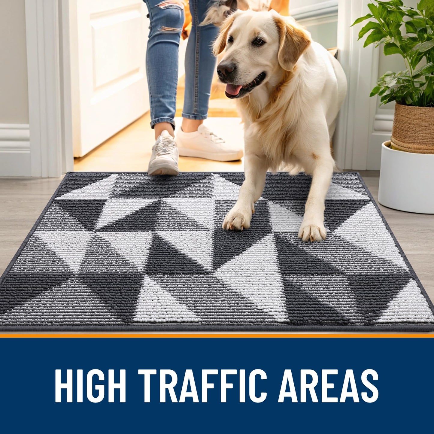 OLANLY Large Door Mat Indoor Entrance Washable 59x35, Odor-Free Low-Profile Front Back Geometric Doormat, Absorbent Resist Dirt Entry Carpet, Easy to Clean Sturdy Floor Mats for Entryway, Dark Grey