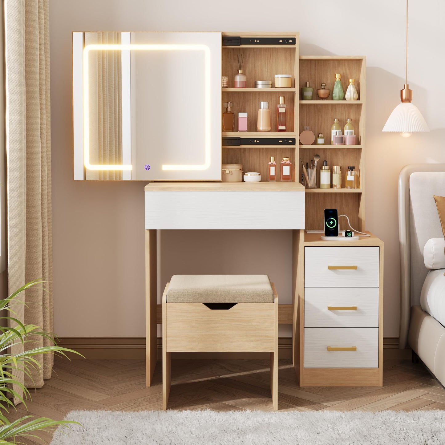 Senfot Nature Vanity Desk With Sliding Mirror and Lights, Modern Makeup Vanity Table With 4 Drawers and 7 Storage Shelves, Dressing Table With Stool and Charging Station, 3 Lighting Modes, for Bedroom
