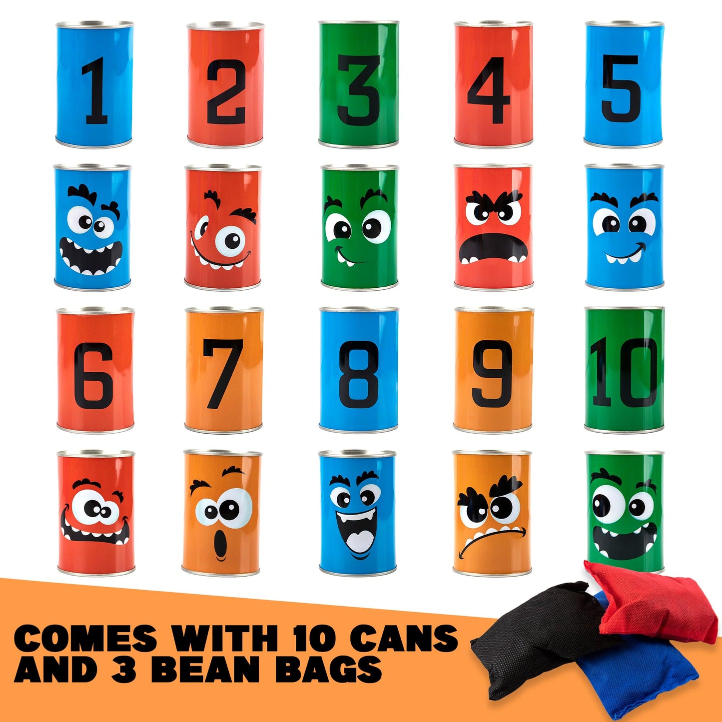 ArtCreativity Halloween Carnival Bean Bag Toss Game - Halloween Party Game with 10 Tin Cans and 3 Bean Bags - Indoor and Outdoor Party Activity for Kids - Tossing Game for Kids 3 and Up