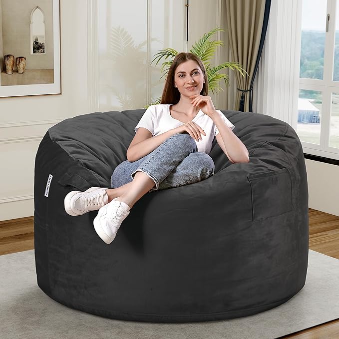 HABUTWAY Bean Bag Chair 3Ft Luxurious Velvet Ultra Soft Fur with High Rebound Memory Foam Bean Bag Chairs for Adults Plush Lazy Sofa with Fluffy Sponge 3' (Grey)
