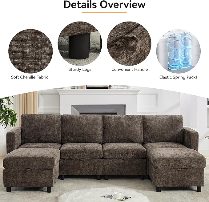 WUTUTUEE 107'' Modular Sectional Sofa Convertible U Shaped Sofa Couch Set with Storage for Living Room, Modern 6 Seater Modular Sectional Couch with Movable Ottoman, Chenille Brown