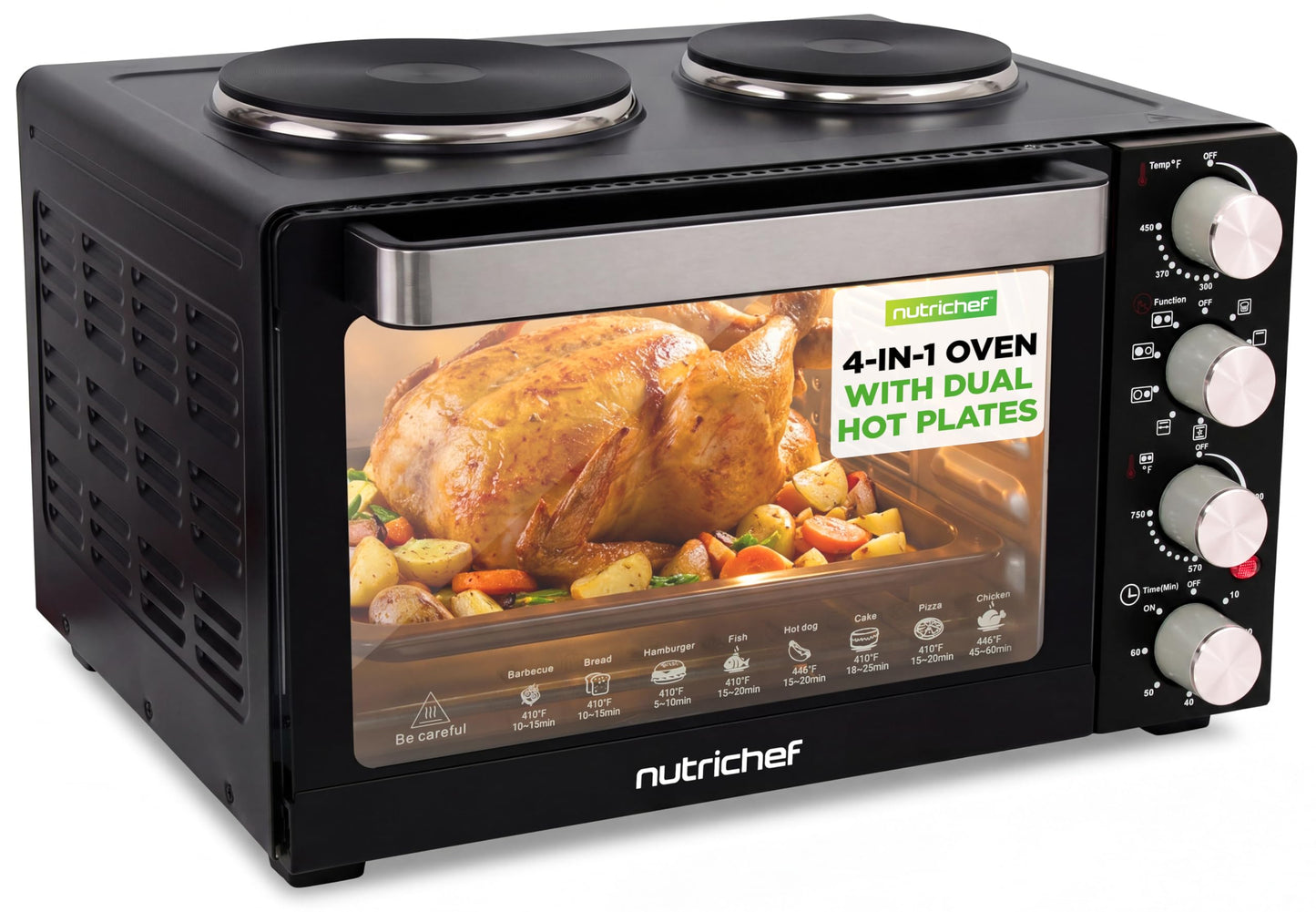NutriChef 30 Quart Kitchen Convection Oven & 2 Burner Cooker - 1500 Watt Oven - 7 Cook Functions Rotisserie, Cook, Bake, Broil & More - Includes Baking Tray, Skewers & Handles - 19.6 x 16.0 x 13.5 IN