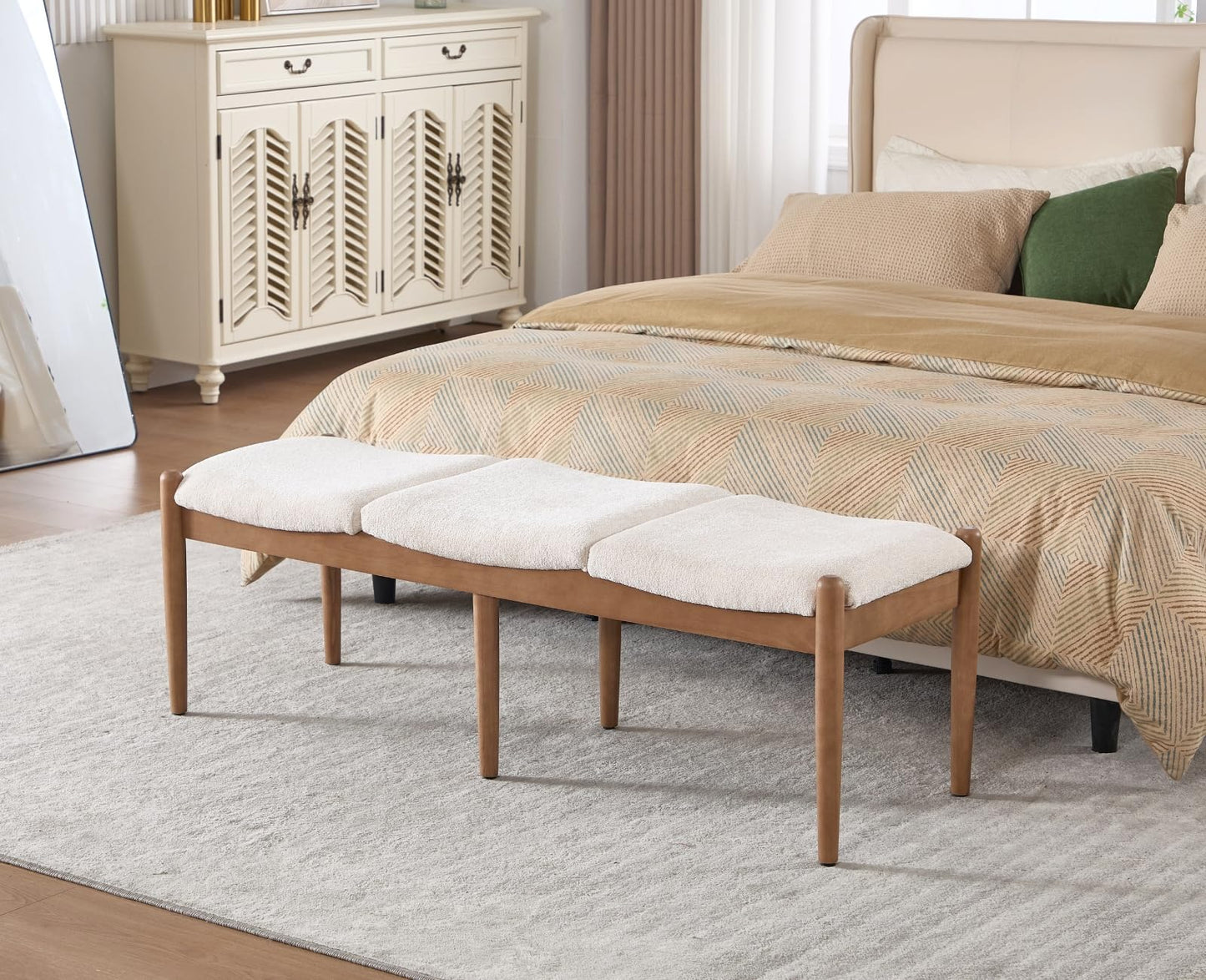 ROCITY 55 Inch End of Bed Bench Extra Long Padded Entryway Bench with Natural Wooden Frame/Chenille Fabric Modern Upholstered Oversized Ottoman for Bedroom, Living Room, Beige