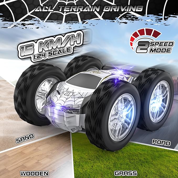 Remote Control Car for Kids, RC Stunt Cars Toys for Boys Ages 4-7 with Cool Double-Sided Pattern and LED Flash, 1:24 Vehicle Toy Car Hobby Racing Car Toys Gift for 3 4 5 6 7 8 9 Year Old Boys