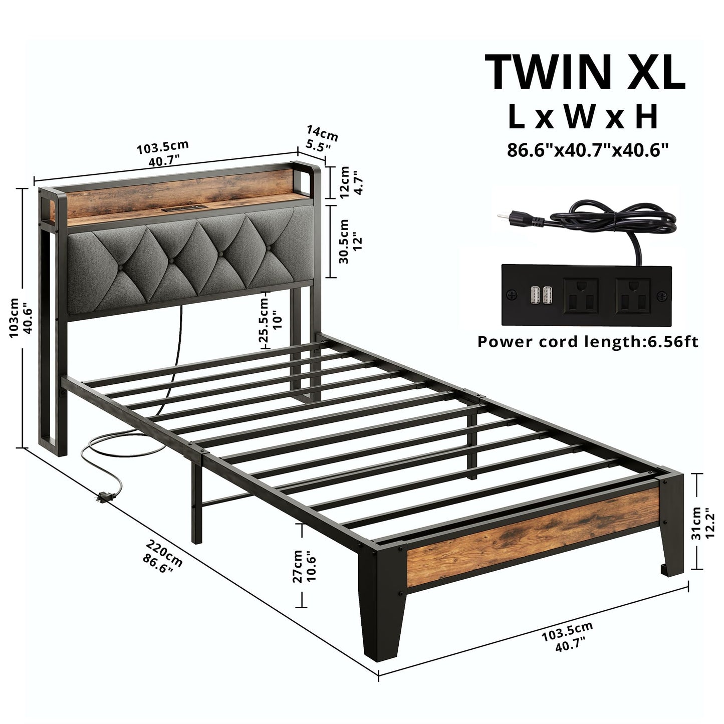 ANCTOR Twin XL Bed Frames, Storage Headboard with Outlets, Easy to Install, Sturdy and Stable, No Noise, No Box Springs Needed - Perfect for a Good Night's Sleep