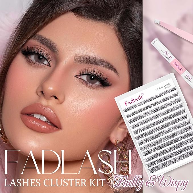 FADLASH Lash Clusters Kit 12-18mm Eyelash Cluster Lashes with Lash Bond and Seal Lash Tweezers DIY Lash Extension Kit (F4-07D-12-18 Kit)