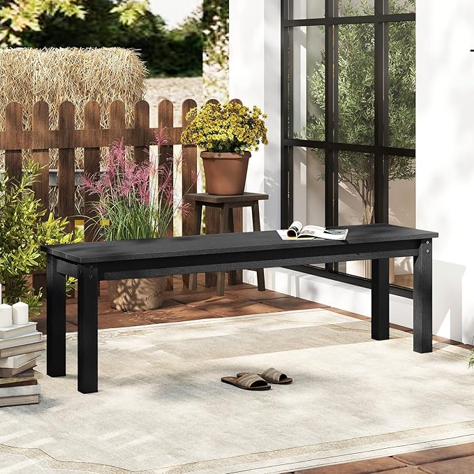 Tangkula HDPE Outdoor Bench, 2-3 Person Patio Bench, 55" Backless Garden Dining Bench with Slatted Seat, Weatherproof Park Bench for Entryway, Porch, Lawn & Backyard (Black,1)