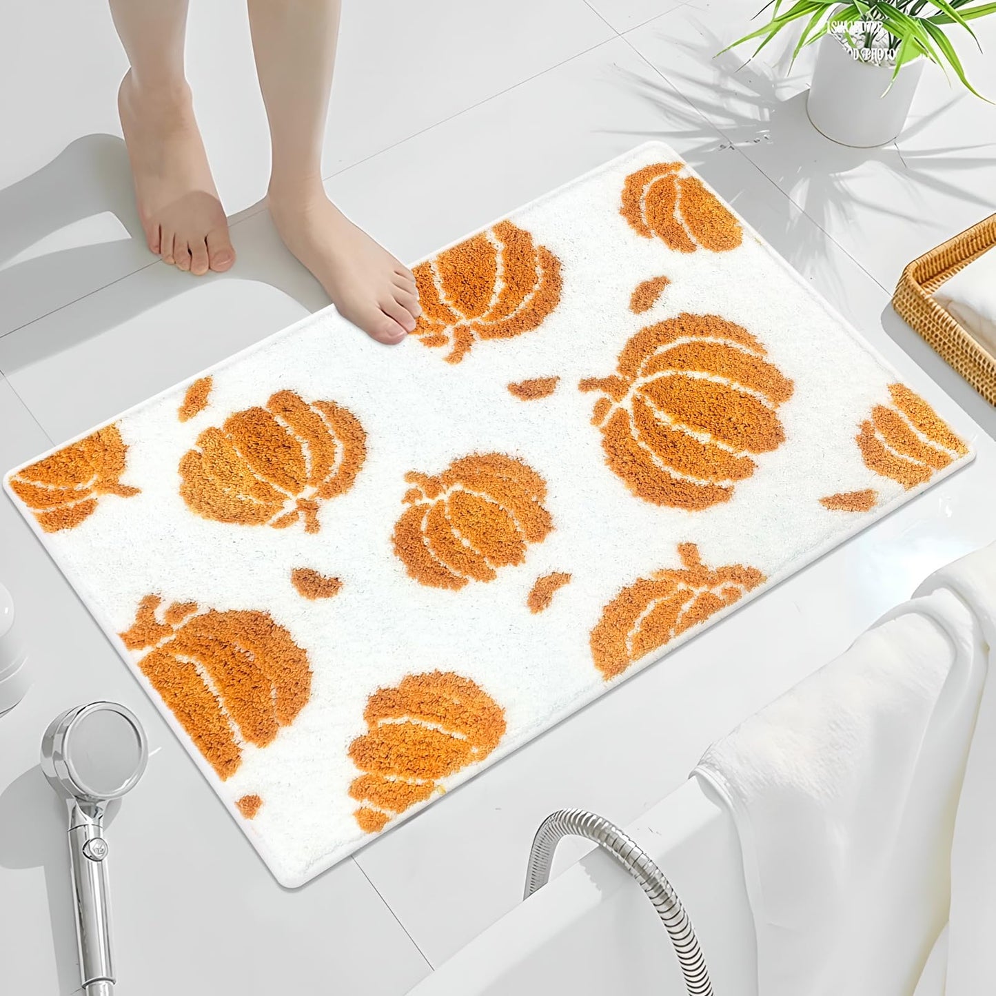 APROPHIC Fall Pumpkin Bath Mats for Bathroom, Thanksgving Super Absorbent Non-Slip Microfiber Shaggy Bath Rugs, Autumn Bathroom Mat for Shower, Tub, Sink, Decor, Machine Washable, 20x30in, Orange