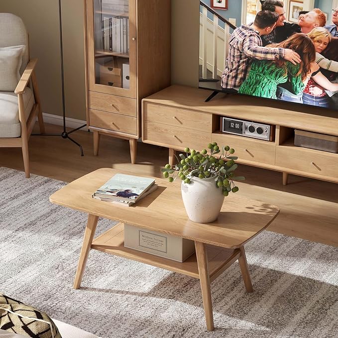 Wayshome 100% Solid Oak Wood Coffee Table for Living Room, 2-Tier Small Coffee Tables with Shelf Storage, Mid Century Modern Table with Rounded Corners (Natural, 39.37" x 19.68" x 17.32")