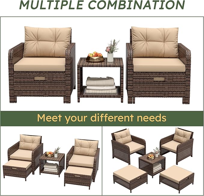 LHBcraft 5 Pieces Patio Set, PE Rattan Patio Conversation Set with Soft Cushions & Coffee Table, Outdoor Chairs with Hidden Ottoman for Porch, Lawn, Garden, Balcony, Brown