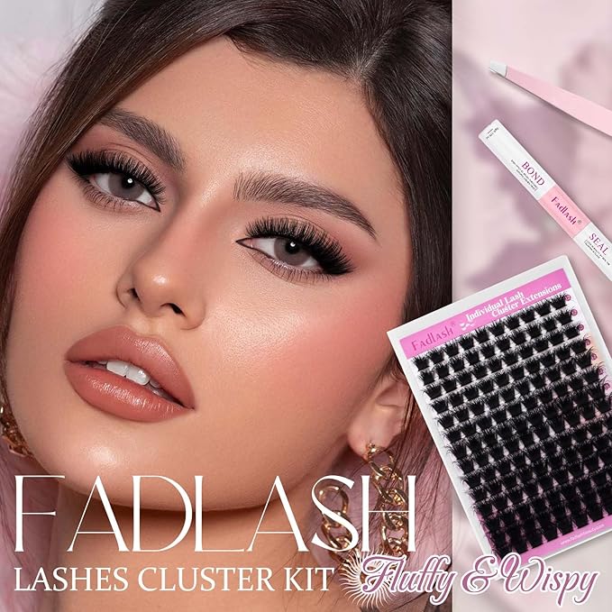 FADLASH Lash Extension Kit 200D Lash Cluster Kit DIY Eyelash Extension Kit with Lash Bond and Seal Lash Tweezers Natural Cluster Lashes Kit Individual Lashes 3D Effect (KIT, 200D-3D-07D-12-18mm)