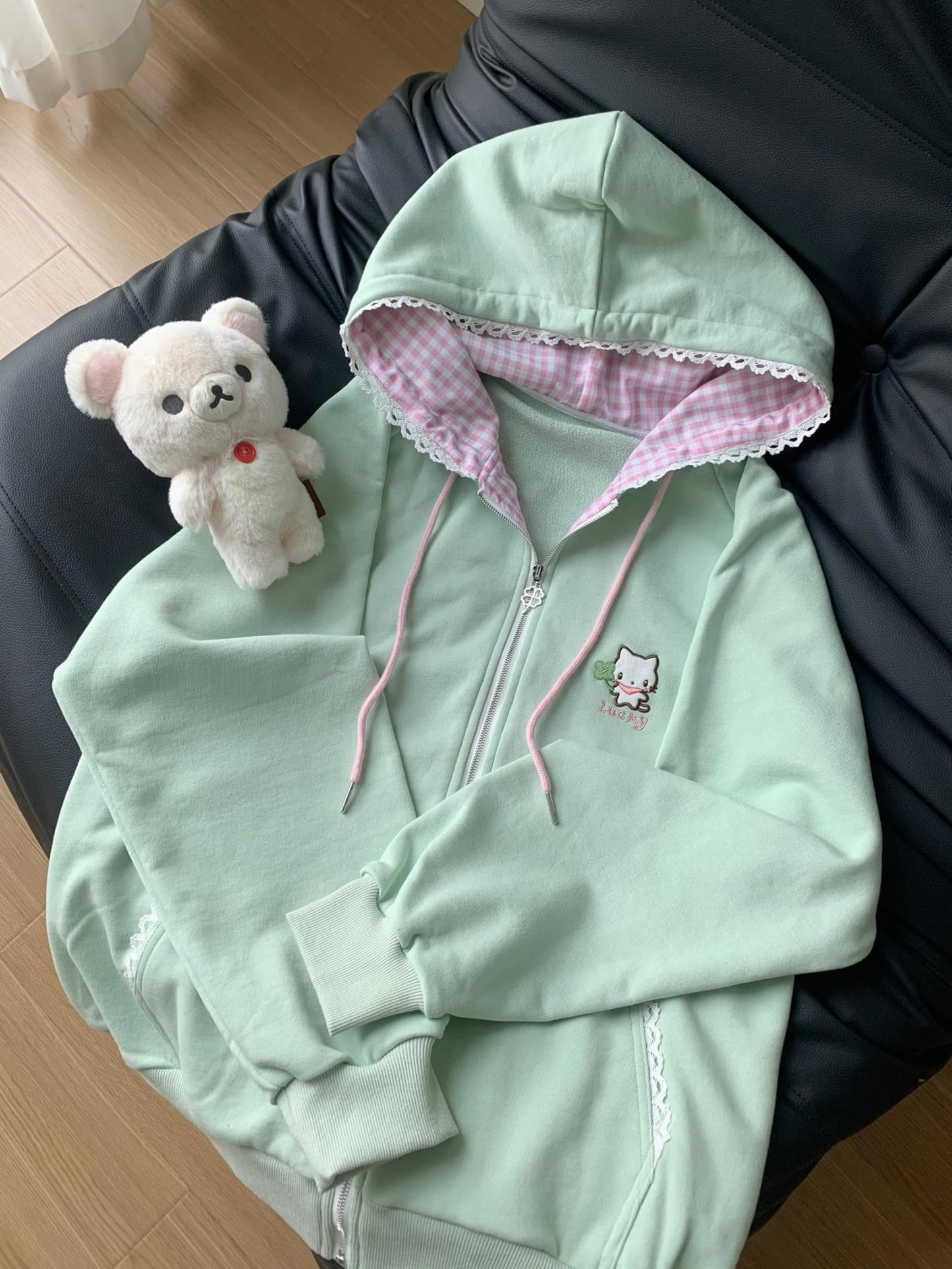 OATSBAS Women's Y2K Cute Floral Hoodies Kawaii Zip Up Hoodies Cartoon Cat Embroidery Oversized Pullover Sweatshirt (Green,Small)