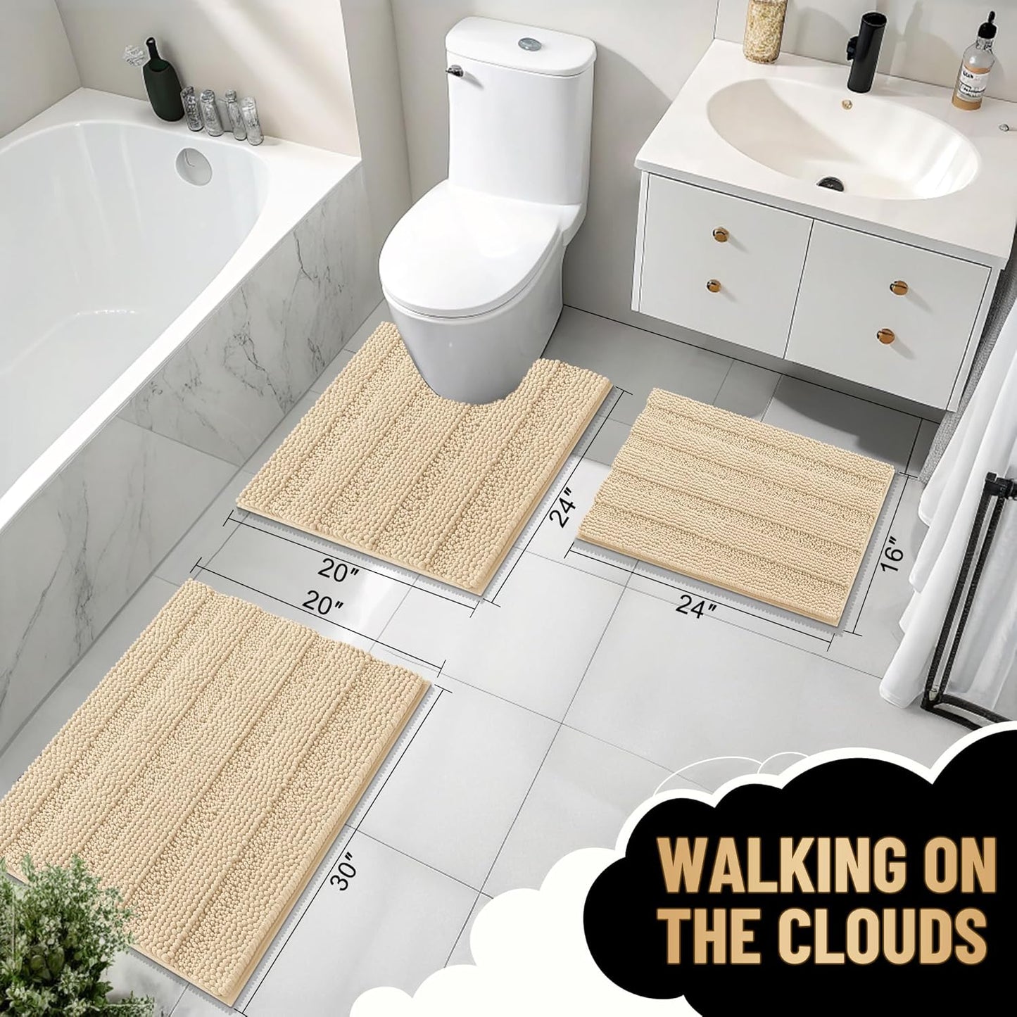 OLANLY Thick Bathroom Rugs 44x24, Extra Soft Absorbent Chenille Striped Bath Rugs, Rubber Backing, Machine Wash Dry, Bath Mats for Bathroom Floor, Tub and Shower, Home Decor Accessories, Beige