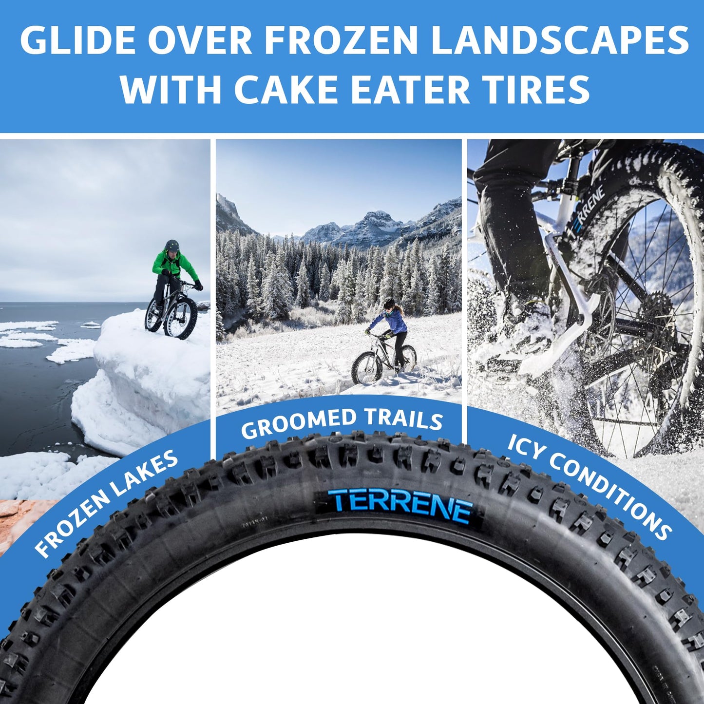 Fat Bike Tire by Terrene - Cake Eater Light 26X4.0 Inch Tubeless, Stud Capable, Fast Rolling Fat Tire for Snow, Ice Traction - All Season Bike Accessories for Fat Tire and E-Bikes - 120 TPI