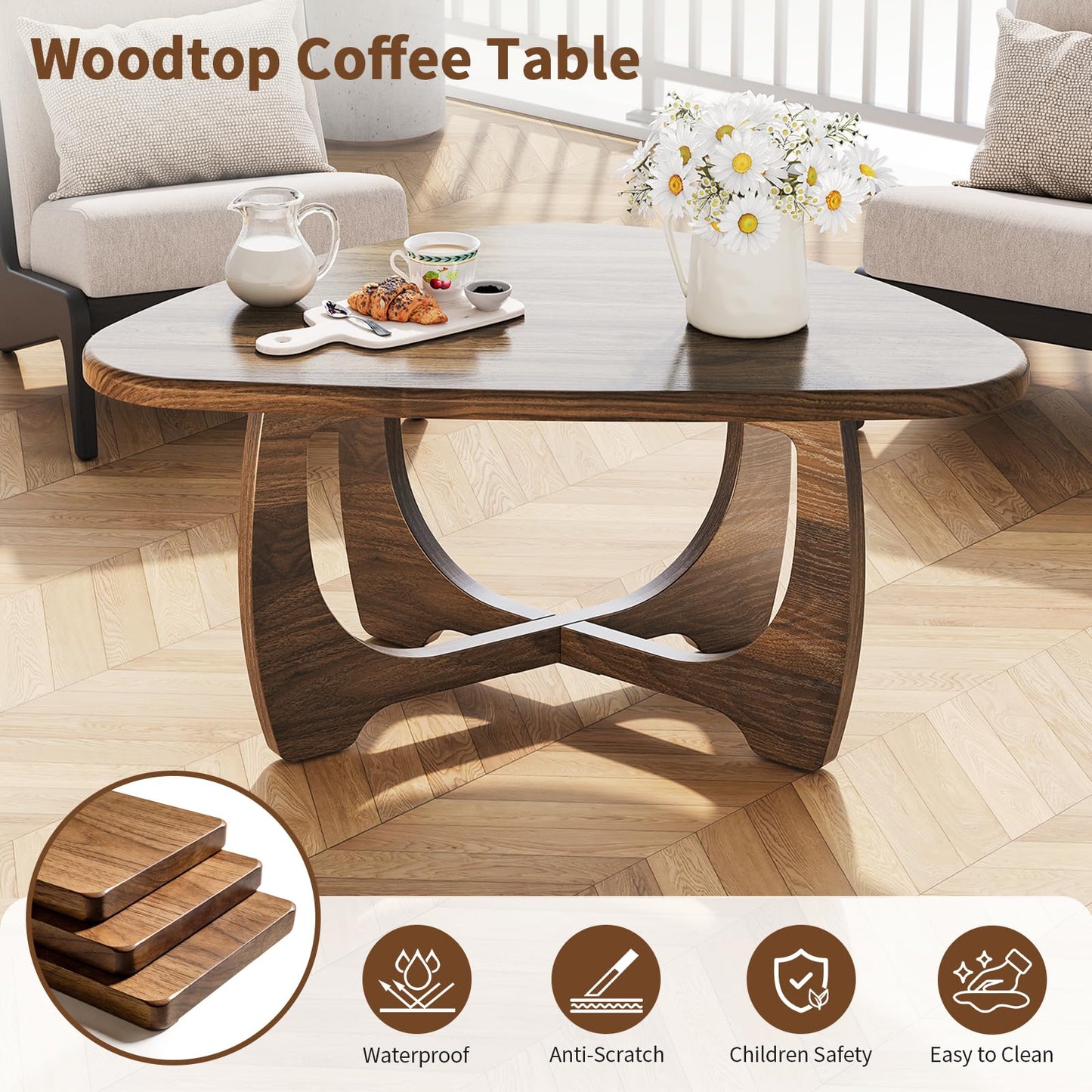 Curlaky Coffee Table for Living Room - Mid Century Modern Coffee Tables with Triangle Top, Unique Small Round Coffee Table, Wood Oval Tea Table with Solid Legs for Bedroom, 35.8"x 22.5" x 16.2" Walnut