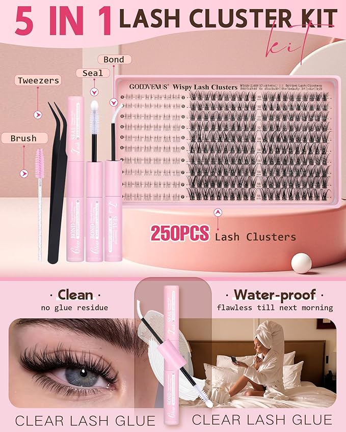 250Pcs Natural Lash Clusters Kit Cluster Eyelash Extensions Kit Wispy DIY C Curl Individual Lashes Clusters With Bottom Eyelashes