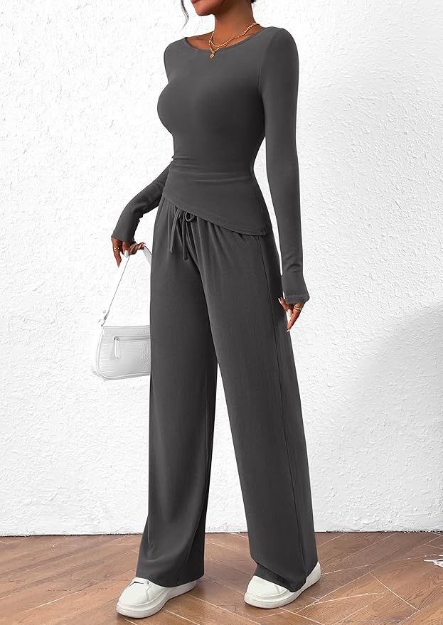 PRETTYGARDEN Women's 2 Piece Lounge Sets Asymmetrical Long Sleeve T Shirt Wide Leg Pants Casual Outfits Tracksuit