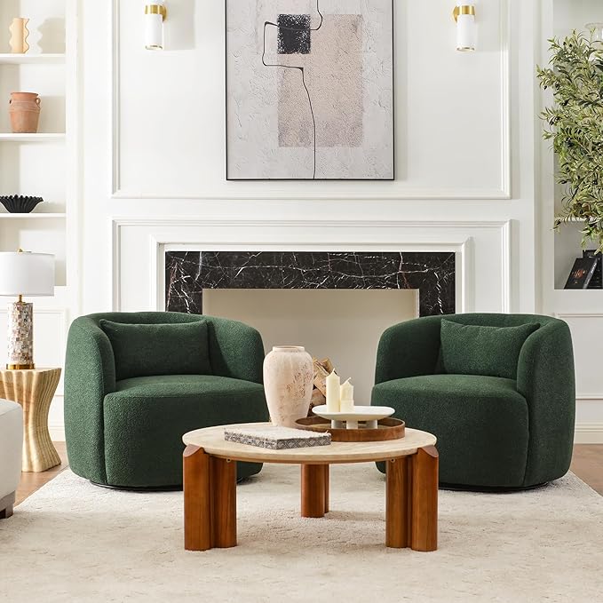 KINWELL 34" Wide Boucle Swivel Barrel Chairs Set of 2, No Assembly Round Upholstered Armchairs Accent Chairs Single Sofa Chair with Toss Pillow for Living Room and Bedroom, Green