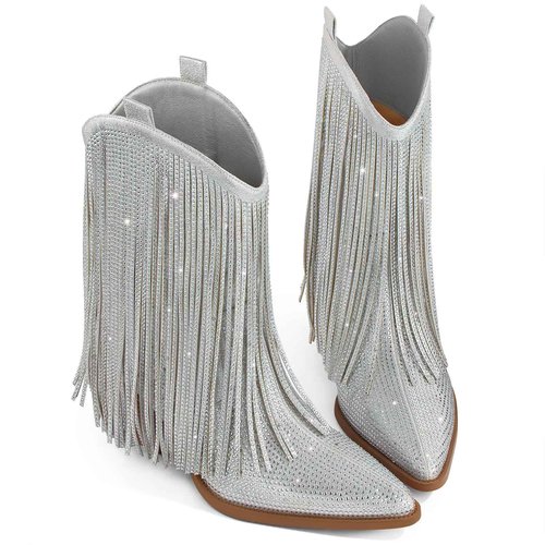Ouepiano Cowboy Boots for Women - Cowgirl Rhinestone Boots with Sparkly Fringe Pointed Toe Western Boot Chunky Heel Pull-On Wide Calf Silver Botas Vaqueras Size 8