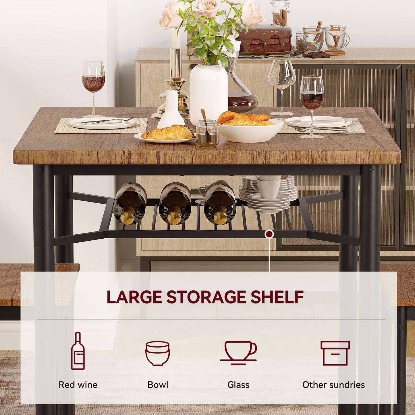 CABIHOME Dining Table Set for 4, Rectangle Kitchen Table Set with Wine Rack, Sturdy Chairs, Rustic Brown