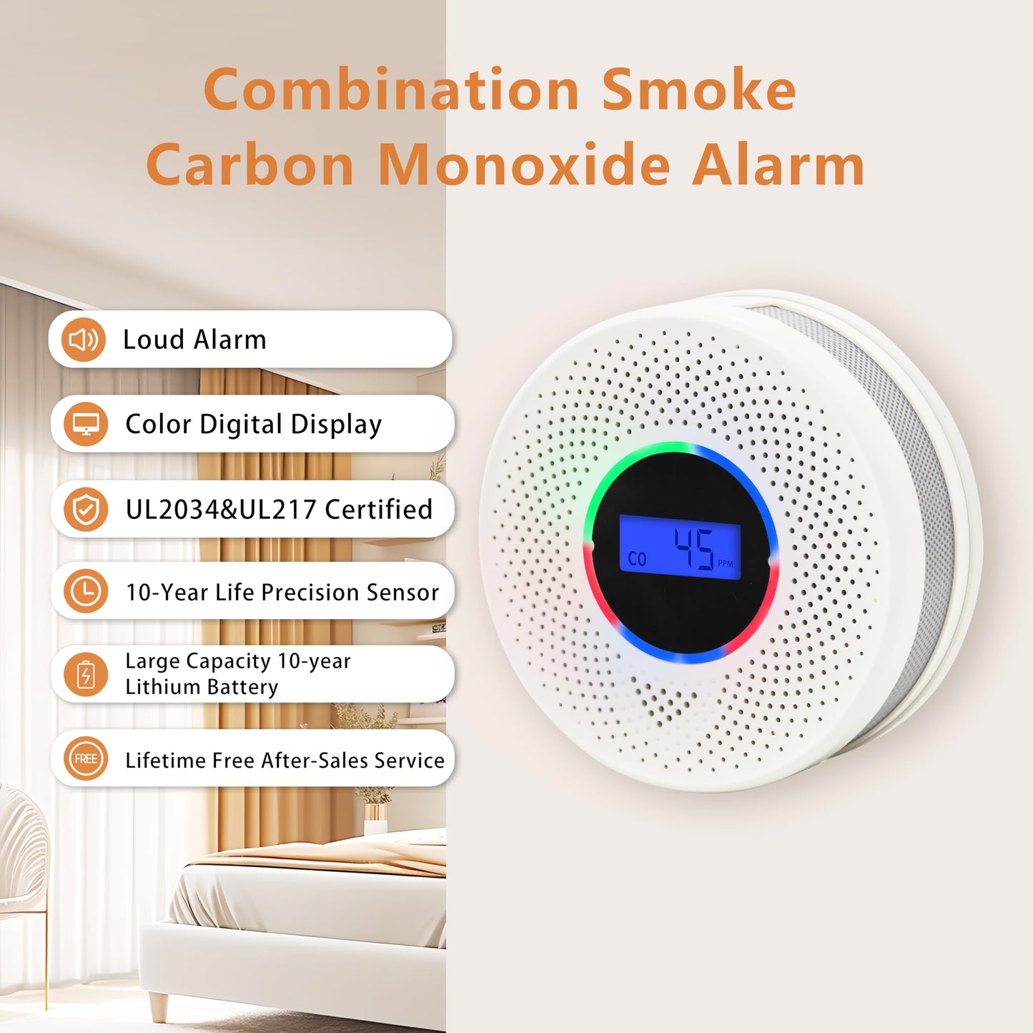 10-Year Battery Smoke and Carbon Monoxide Detector, 2-in-1 Smoke CO Alarm with Digital Display, Reliable Fire and CO Alarm for Home, Bedroom, Kitchen (2 Pack)