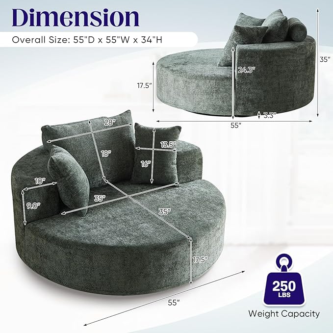 Oversized Round Swivel Chaise Longue Chair Indoor, Modern 55-inch 360 Degree Swivel Upholstered Waffle Chenille Deep Seat Circle Single Cloud Sofa Chair for Living Room Bedroom Apartment Office, Green