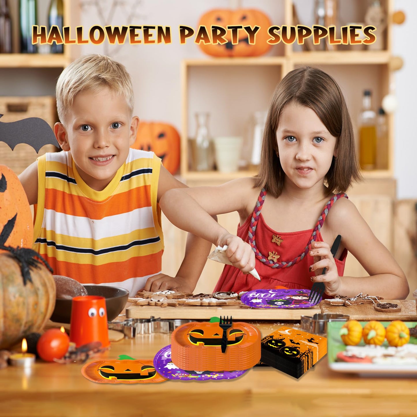 YQUQWN 48 PCS Halloween Pumpkin Shaped Paper Plates and Napkins Set, Perfect for School Events, Holiday Celebrations, Trick-or-Treat Parties, and Themed Gatherings, Disposable and Fun Decor