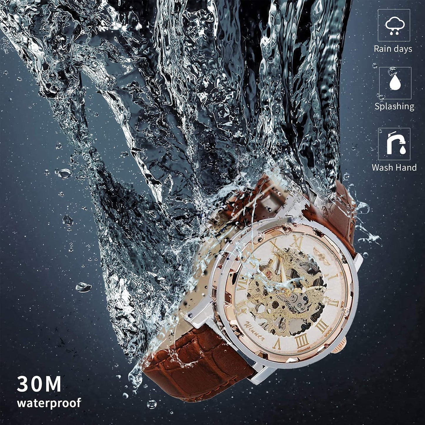 Gute Men's Watch, Mechanical Skeleton Hand-Wind Steampunk Bling Watch for Men Women, Roman Numeral PU Leather Silver Rose-Gold Case Unisex Wrist Watch