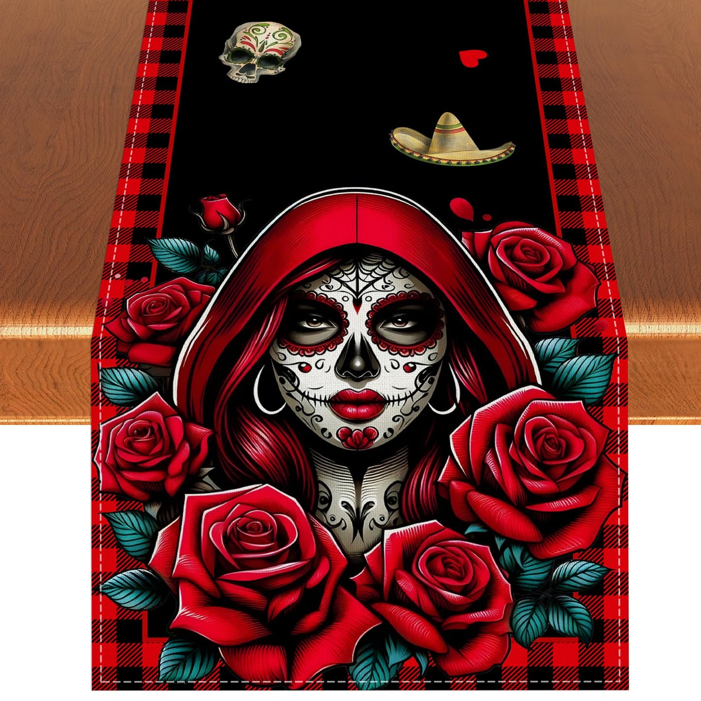 Day of The Dead Table Runner Dia De Los Muertos Tablecloth Sugar Skull Roses Mexican Fiesta Halloween Party Decoration and Supplies for Home Kitchen Table-13×72''