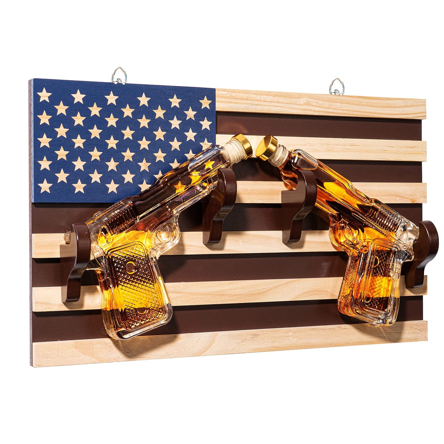 Pistol Whiskey Decanter Set of 2 300ml On American Flag Wall Rack by The Wine Savant - Tik Tok Gun Decanter, Veteran & Military Gifts, Home Bar & Law Enforcement Gifts