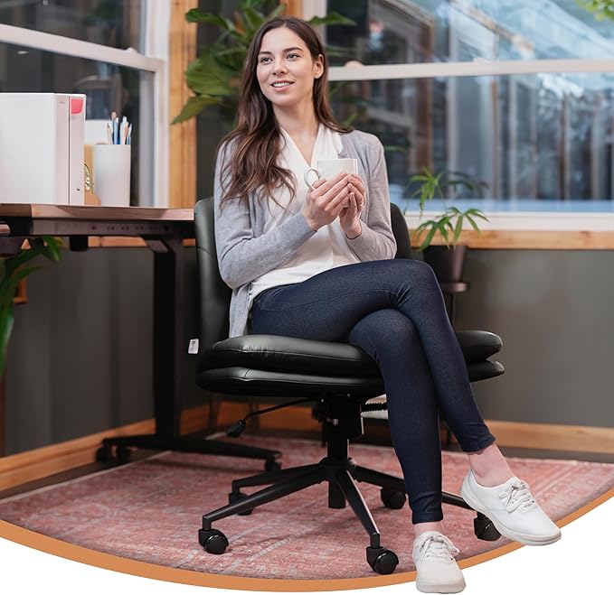 NYPOT Armless Desk Chair with Wheels for Criss Cross Sitting - Cross Legged Wide Armless Chair - Adjustable Vanity 360° Swivel Stool and 120° Rocking Wide Seat Comfy for Home and Office, Color Black