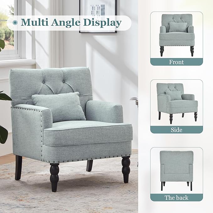 HUIMO Tufted Club Chair,Accent Chair with Lumbar Pillow, Upholstered Button Armchair, Linen Fabric Sofa Chairs for Bedroom, Living Room, Mid Century Modern with Studded Reading Chair Light Blue