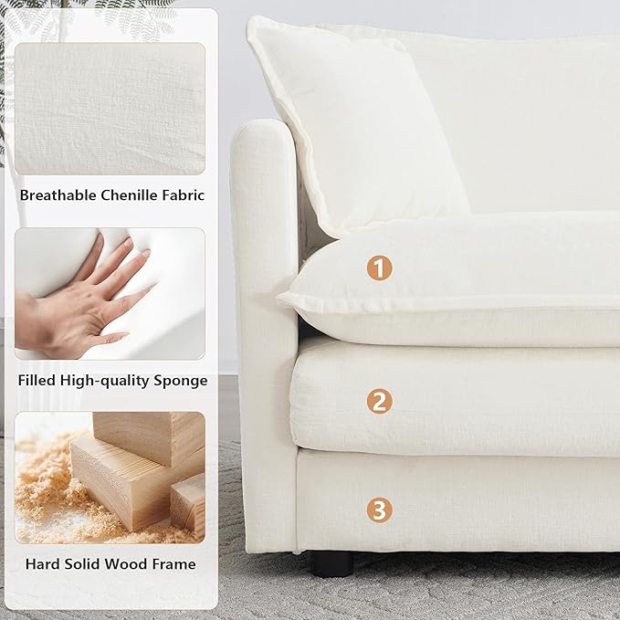 mikibama Luxury Modular Sectional Sofa, 111.5" Modern Chenille Comfy Cloud Couches for Living Room Office, 3 Seater Deep Sofa with 2 Armrest Pillows and 3 Toss Pillows, Beige