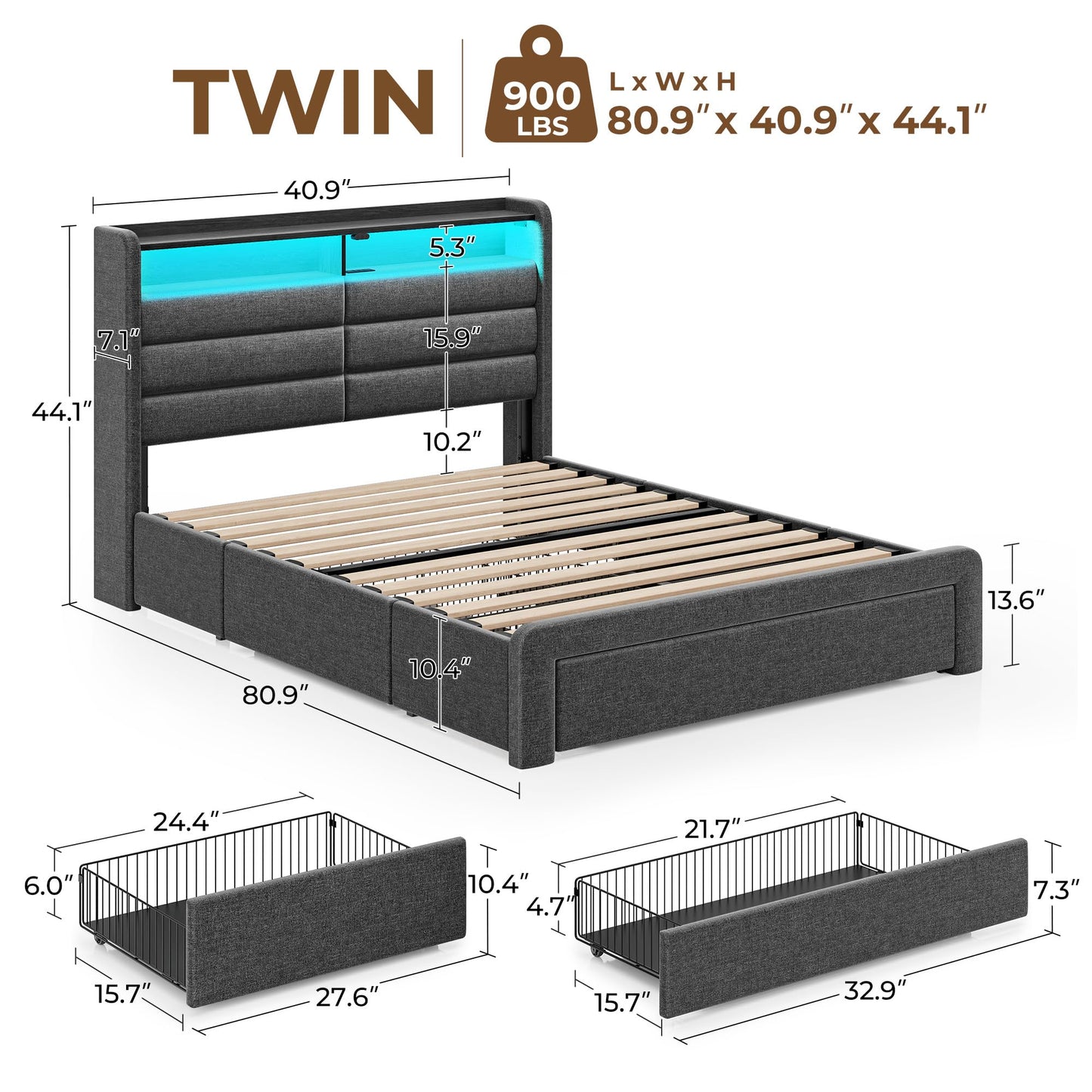 Seventable Twin Size Bed Frame with 3 Storage Drawers & Charging Station, Upholstered Platform Bed with Storage Headboard and LED Light, No Box Spring Needed, Noise Free, Easy Assembly, Dark Grey