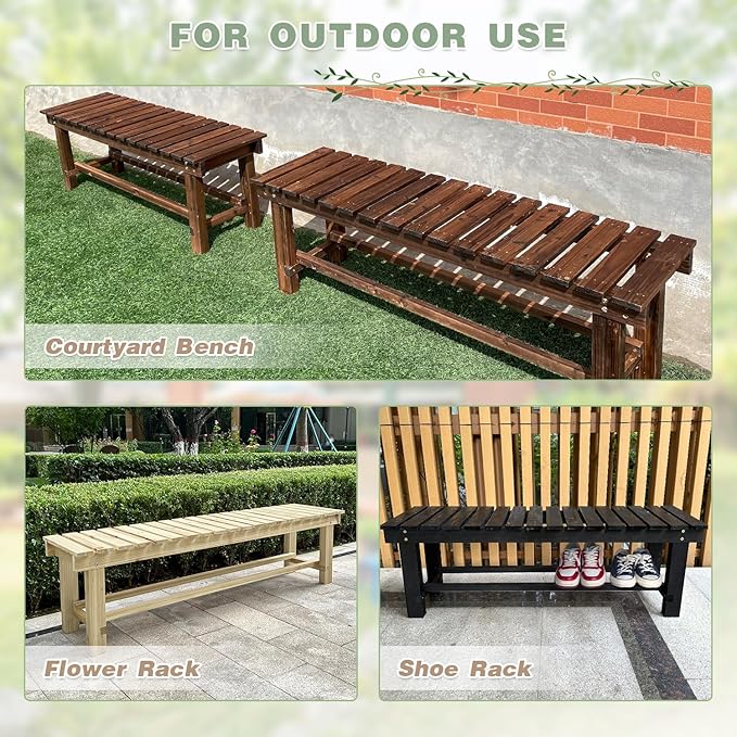 LSPYYDS Outdoor Garden Bench, 3-Person Wood Patio Bench Weatherproof Outdoor Backless Bench, Anti-Corrosion and Anti-Rust Garden Benches for Garden Lawn Porch Park Backyard (Black,47.25''/120cm)