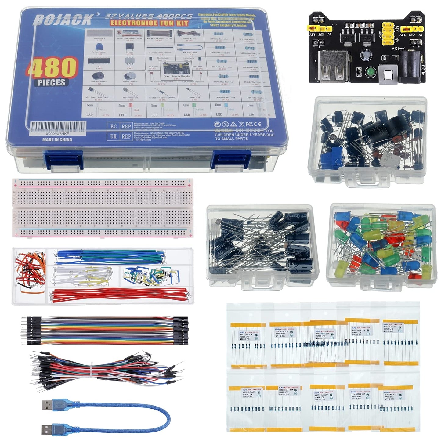 BOJACK 37 Values 480 Pcs Electronics Component Fun Kit with Power Supply Module, Jumper Wire,Precision Potentiometer,830 tie-Points Breadboard Compatible with STM32,Raspberry Pi,Arduino