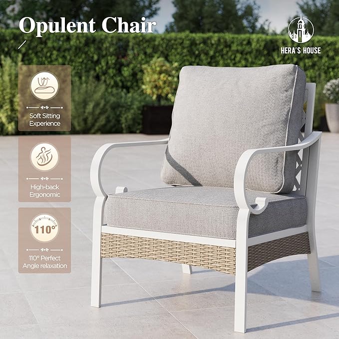 HERA'S HOUSE 4-Piece Patio Furniture Set with Metal & Rattan Design, Includes 2 Fixed Chairs, 3-Seat Sofa & Marble Coffee Table, All-Weather Outdoor Conversation Set for Garden Backyard, Grey