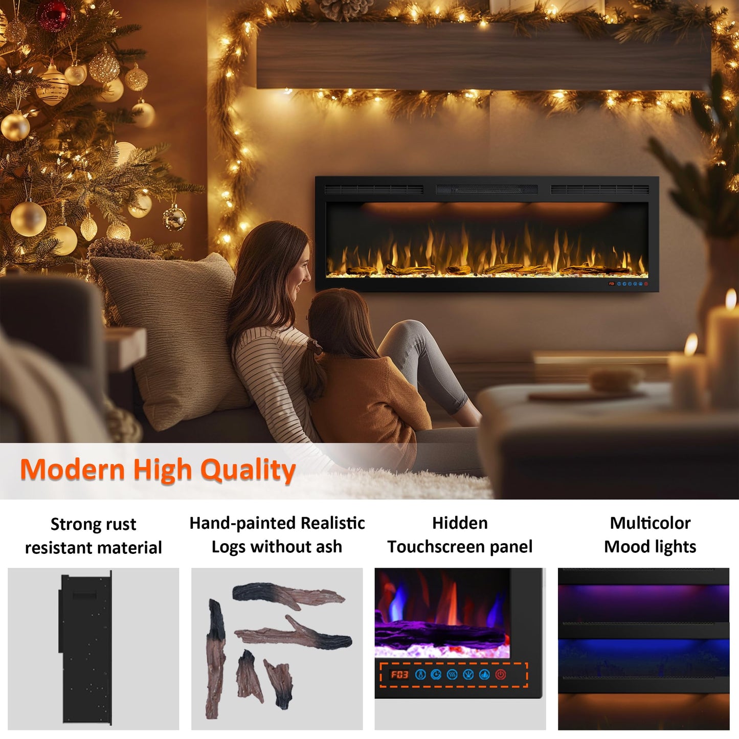 50 inches Electric Fireplace, Recessed and Wall Mounted Fireplace Heater and Linear Fireplace Inserts, with Timer, Remote Control, Adjustable Flame & Light Colors, 750W/1500W, Black